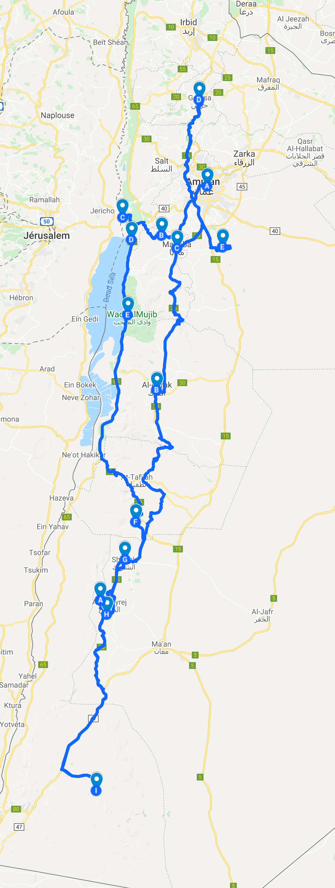 Itinéraire du voyage en Jordanie